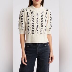 Rails Cream Mock Neck Sweater with Navy Leaf Stitching